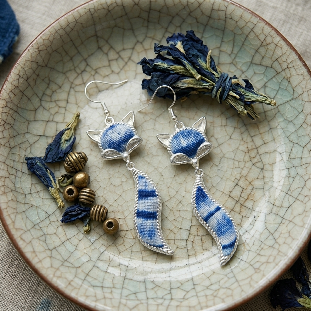 An overhead flat lay of the pair of artisan fox earrings in a crackle-glaze celadon bowl, surrounded by dried indigo flowers and rustic brass beads, emphasizing folk art charm.