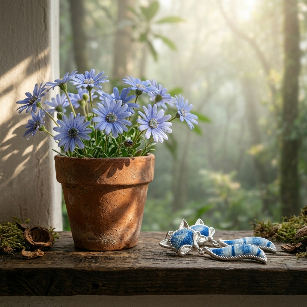 Pair of blue indigo fox earrings lying on a vintage wooden windowsill next to a blooming blue daisy pot, misty forest background, natural aesthetic by The Origin Glow.