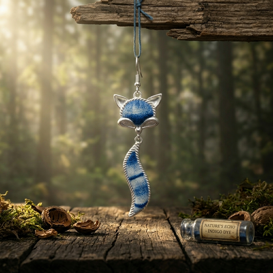 Artisan hand-dyed indigo fabric fox earring hanging on a rustic wooden branch in a sun-drenched forest, titled 'The Indigo Rhythm' by The Origin Glow.