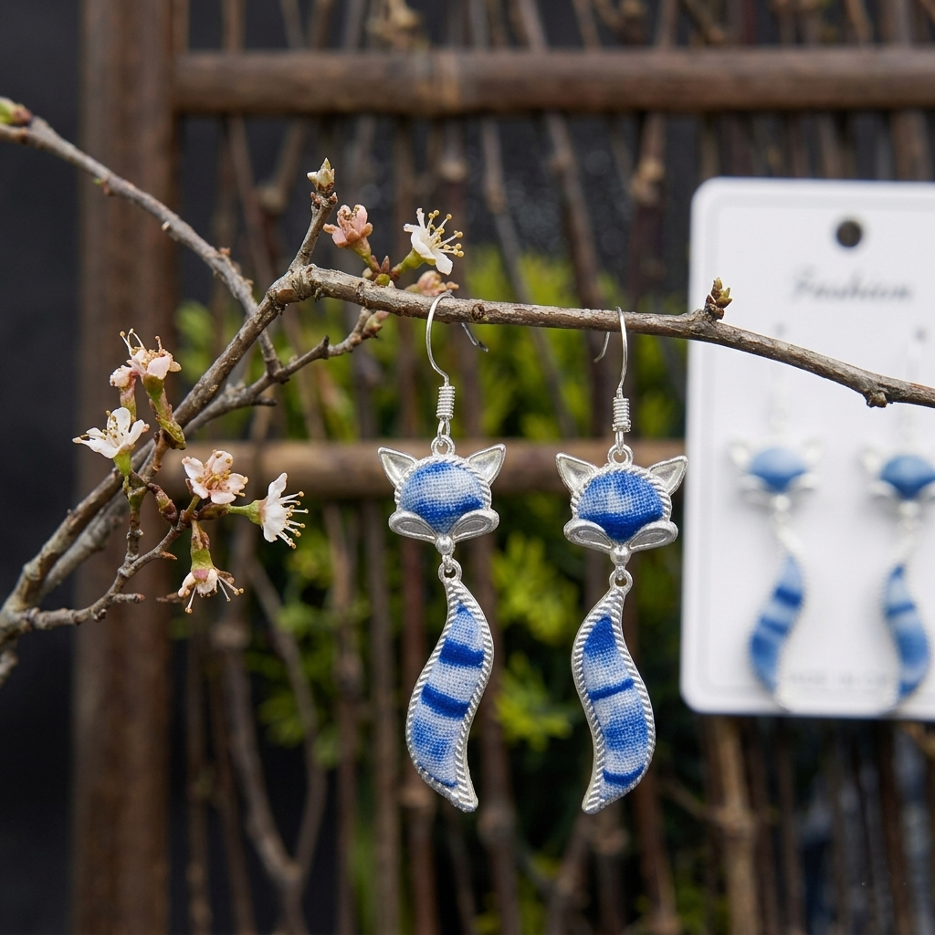 A pair of whimsical artisan fox earrings hanging gracefully from a flowering sakura branch, set against a traditional Asian wooden lattice background.