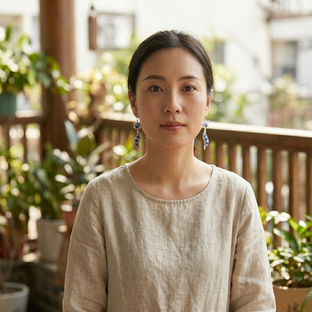 A natural light portrait of a woman facing forward, wearing both blue and white handcrafted fox earrings, paired with a simple linen top in a cozy garden setting.