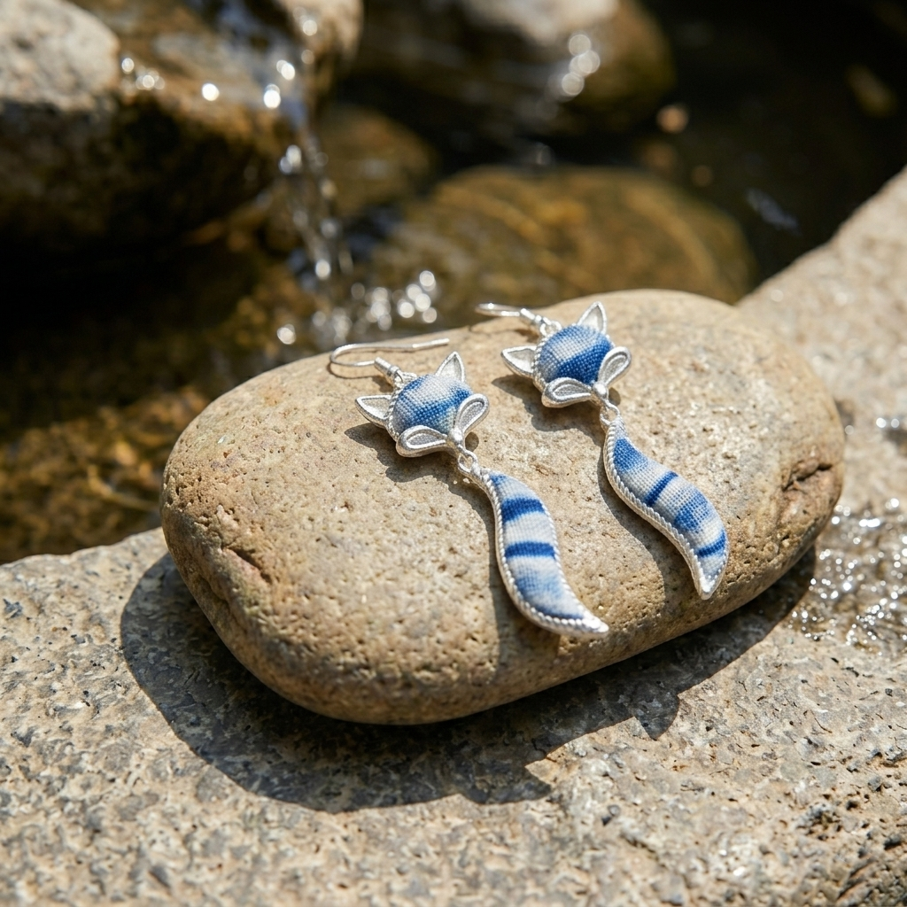 The pair of detailed handcrafted fox earrings resting on a smooth river stone, near dappled sunlight reflecting on clear water, for a calm, Zen-inspired aesthetic.