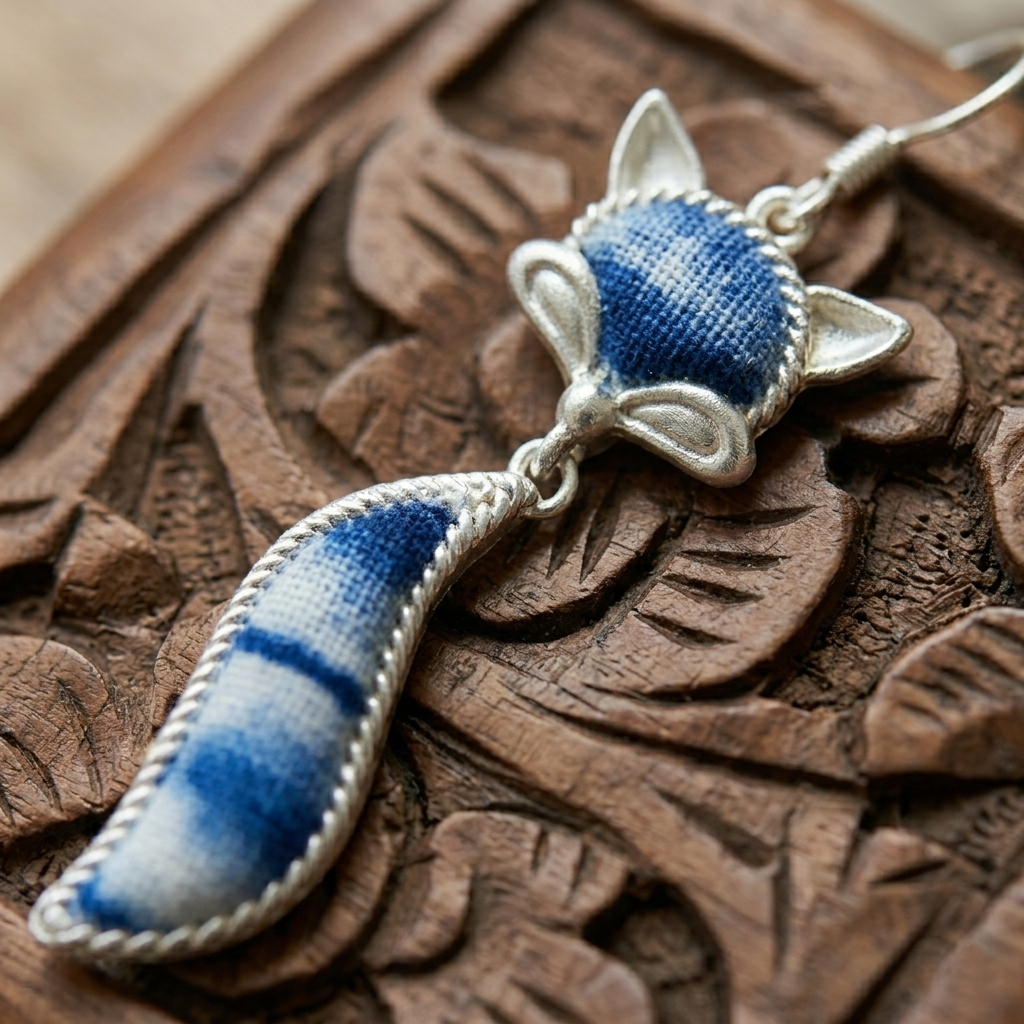 Extreme macro detail shot of the textile texture on the fox earrings, featuring traditional Chinese indigo and white tie-dye patterns with intricate silver-tone rope edging.